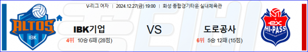 2024 12월 27일 IBK기업은행 한국도로공사 V-리그(여) 분석
