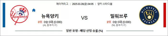 3월 28일 MLB 뉴욕양키 vs 밀워브루