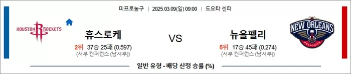 3월 09일 NBA 휴스로케 vs 뉴올펠리